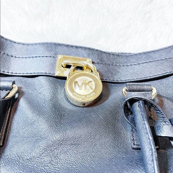 Michael Kors Hamilton Tote Bag Black Leather Gold - Picture 5 of 12